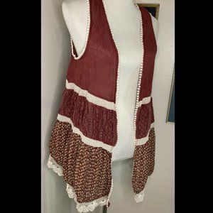 Easel Women Boho Vest Size Small Wine Hippie Sleeveless Lace Peasant